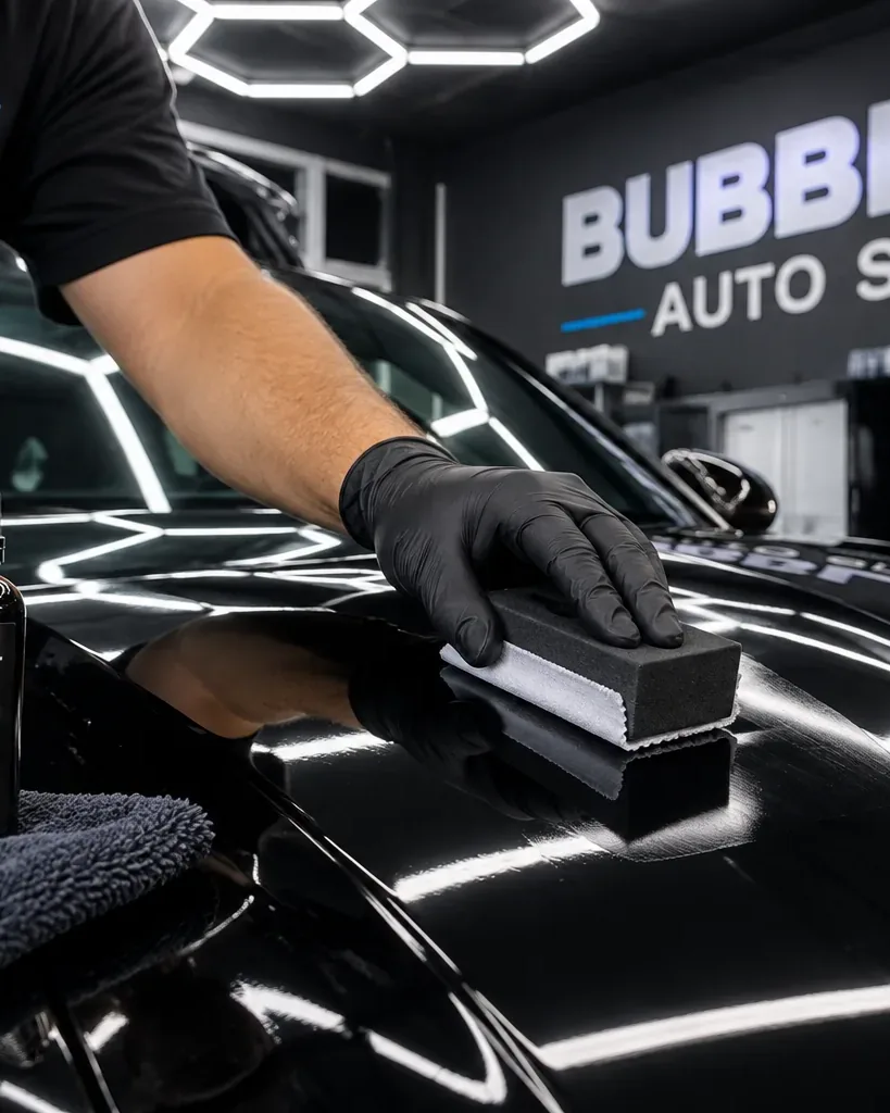 A gloved hand applying Nasiol ZR53 coating to a Porsche hood in front of the Bubbles Auto Spa sign